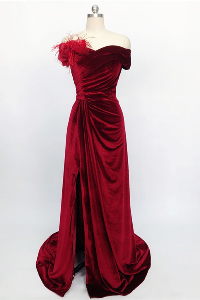 Mermaid Long Evening Dress with One Shoulder and Slit - Burgundy main image 1