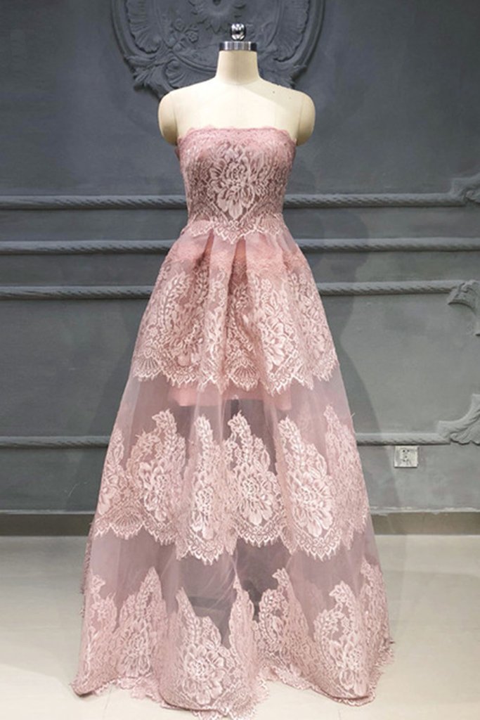 Pink A-line Off Shoulder Lace Floor Length Party Dress main image 0