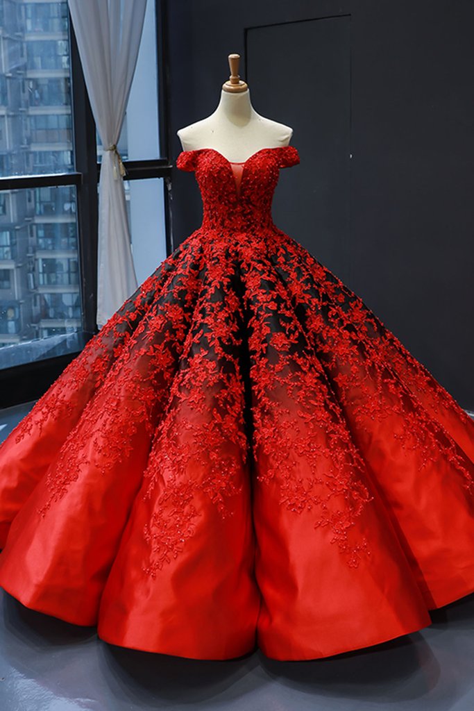 Regal Red Satin Ball Gown With Black Lace Appliqués