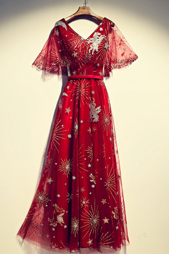 Burgundy Star Floral Tulle V Neck Floor Length Prom Dress, Graduation Dress  With Sleeve on Luulla