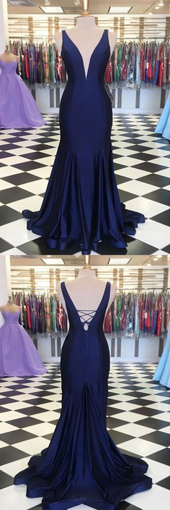 Pretty Royal Blue V Neck Satin Mermaid Long Prom Dress Evening Gown SP720