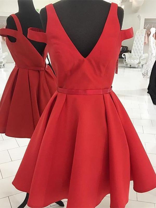 A Line V Neck Red Prom Dresses,red Homecoming Dresses,red Short Prom Dresses
