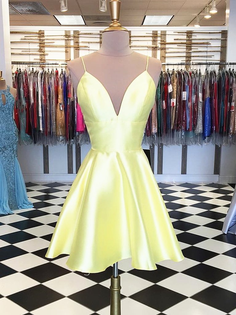 Simple A Line V Neck Yellow Homecoming Dresses Short Prom Dresses,yellow Graduation Dresses,formal Dresses,evening Dresses