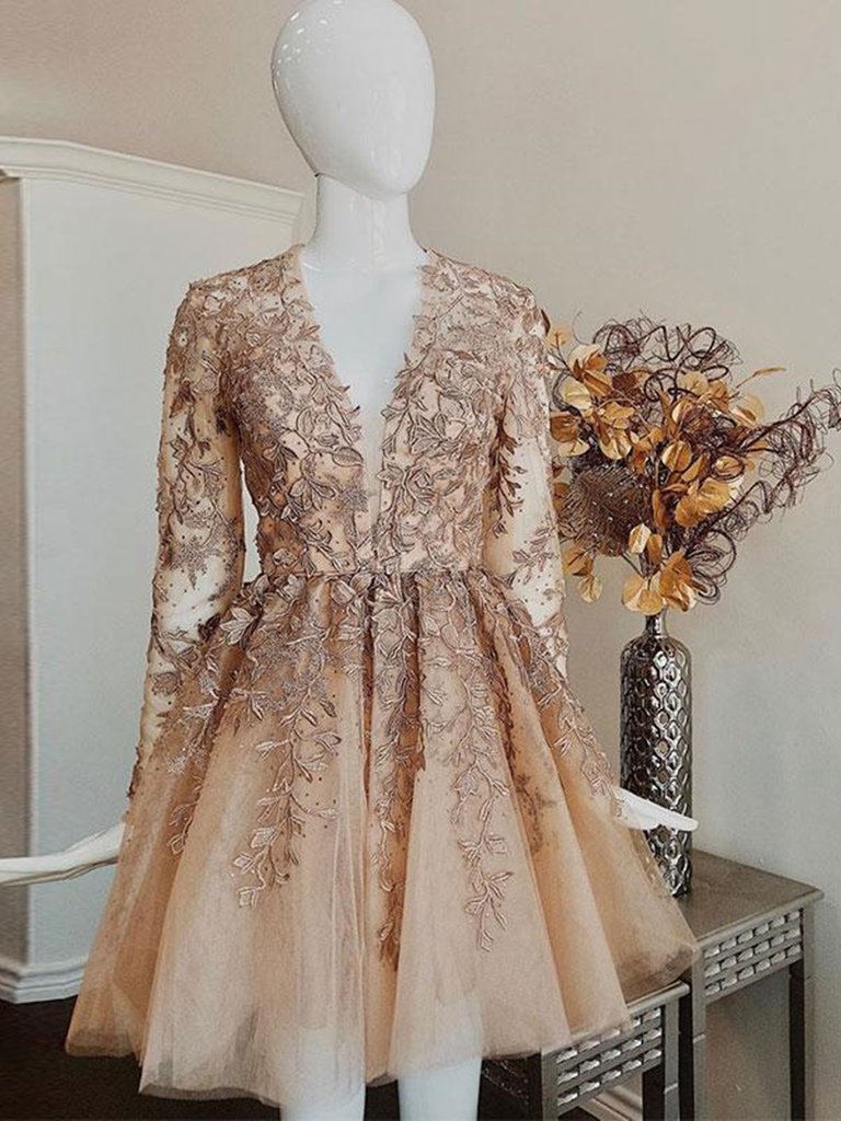 Champagne V Neck Long Sleeves Lace Short Prom Dresses,long Sleeves Champagne Lace Homecoming Dresses,champagne Lace Formal Graduation Evening