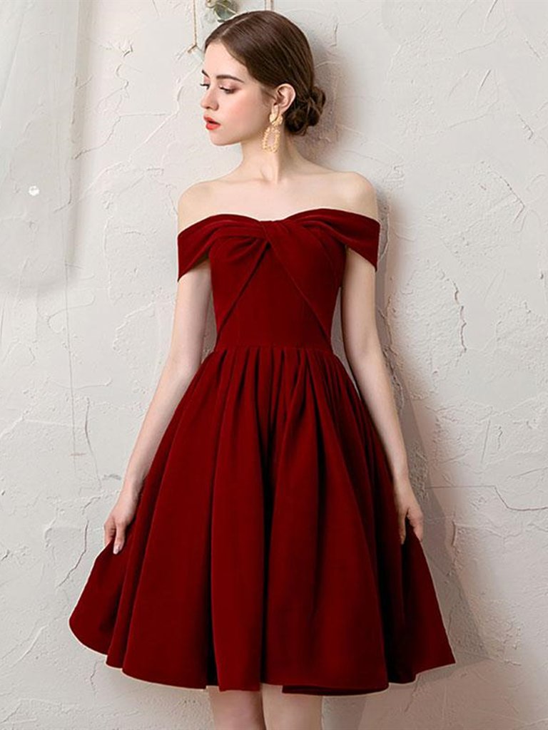 Trendy Burgundy Off the Shoulder High Low Short Prom Dress JTSH053