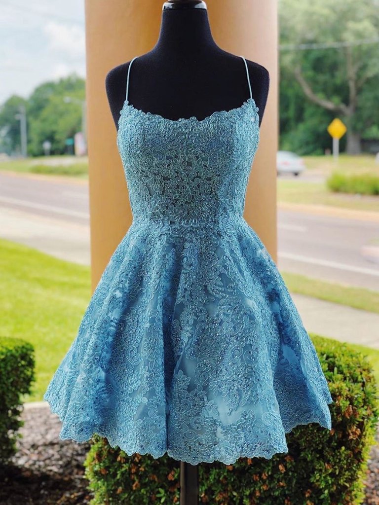 A Line Backless Lace Blue Short Prom Dresses Homecoming Dresses,backless Blue Lace Formal Graduation Evening Dresses