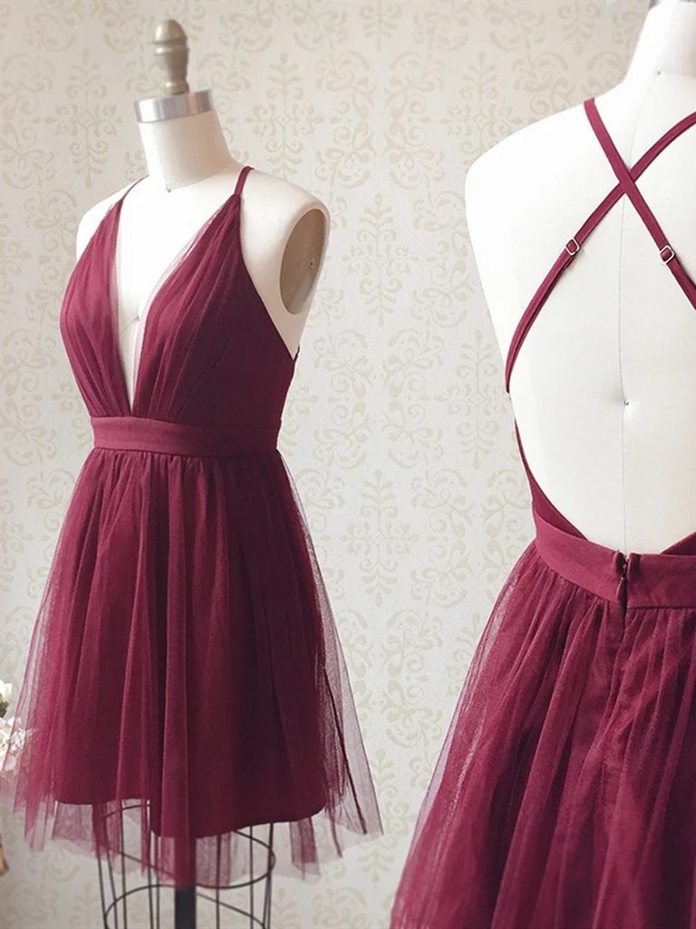 tape for backless dress Spaghetti Straps Burgundy V-neck Mini Lace Backless Homecoming Dress,F   kateprom