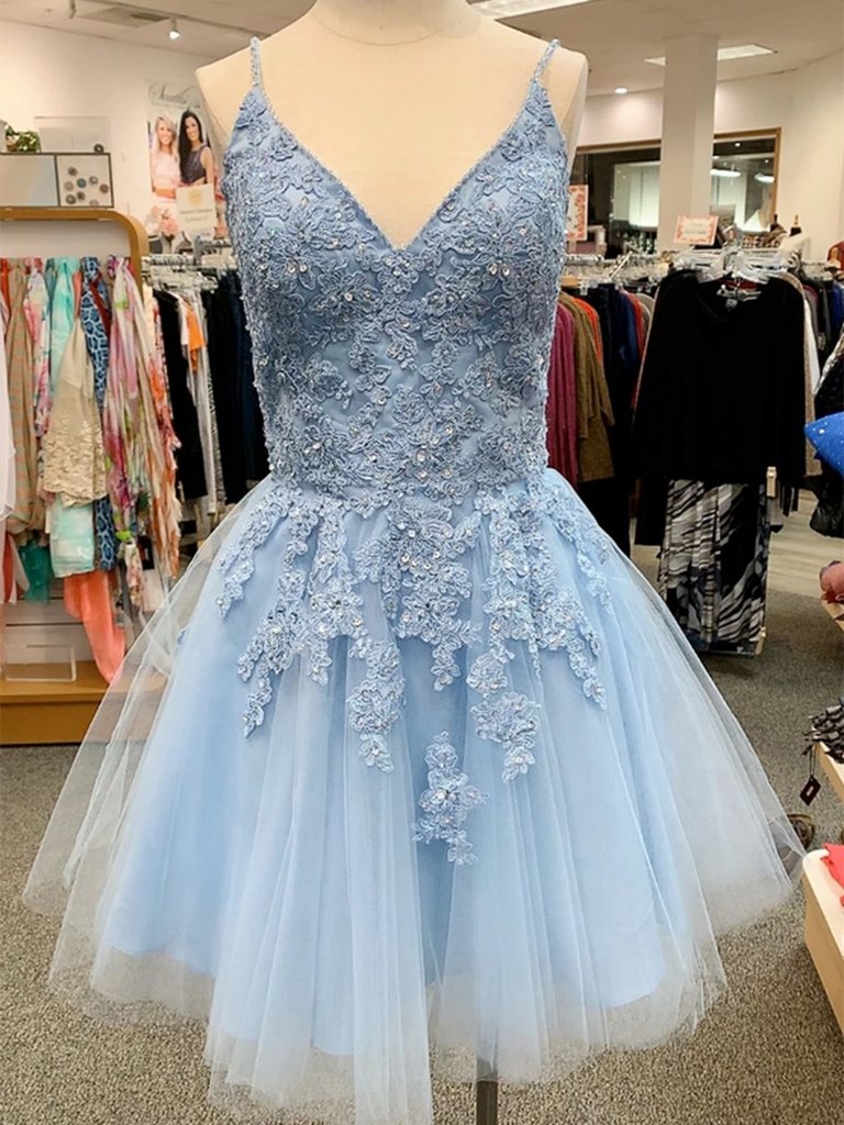 A Line V Neck Blue Lace Appliques Short Prom Dresses Homecoming Dresses,blue Lace Formal Graduation Evening Dresses