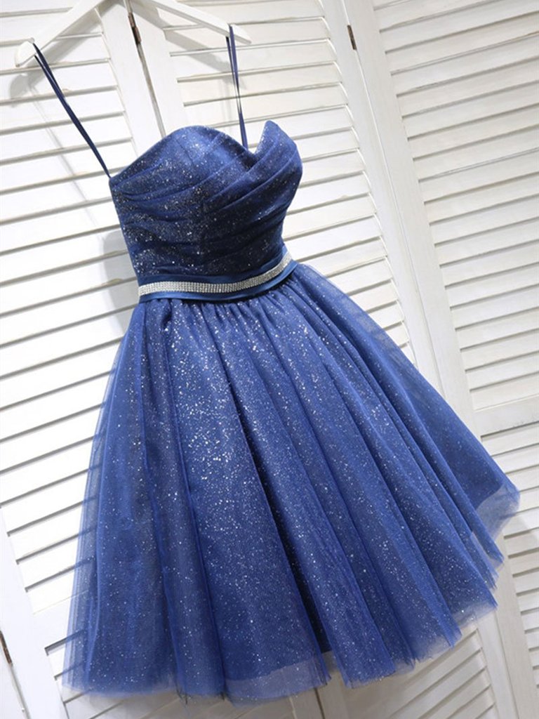 Shiny Strapless Blue Short Prom Dresses Homecoming Dresses,short Blue Formal Graduation Evening Dresses