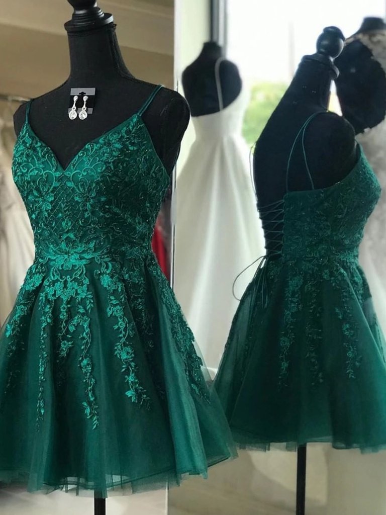 V Neck Emerald Green Lace Appliques Short Prom Dresses,emerald Green Lace Homecoming Dresses,emerald Green Formal Graduation Evening Dresses