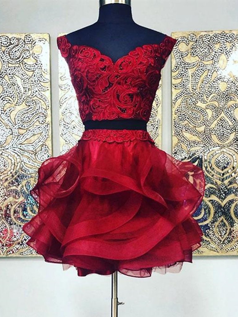 Two Pieces Short Burgundy Lace Prom Dresses,burgundy Lace Formal Graduation Homecoming Dresses