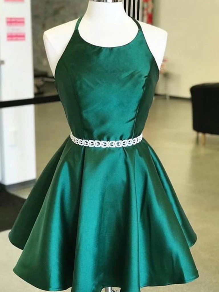 Halter Neck Short Emerald Green Prom Dresses With Belt,short Emerald Green Formal Graduation Homecoming Dresses