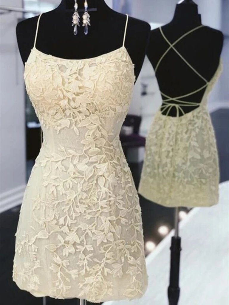 Backless Mermaid Short Yellow Lace Prom Dresses,mermaid Yellow Lace Formal Graduation Homecoming Dresses
