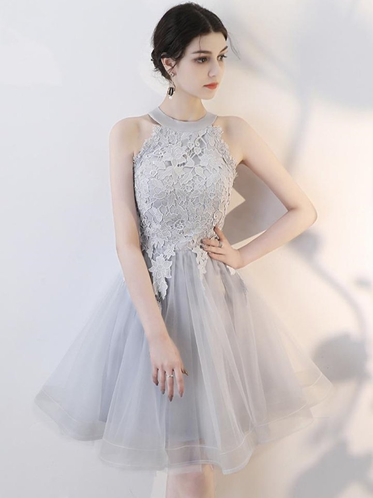 A Line Short Gray Lace Prom Dresses With Appliques,gray Lace Formal Graduation Homecoming Dresses