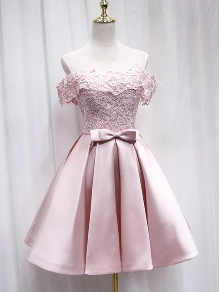 Cute Off Shoulder Pink Lace Short Prom Dresses,pink Lace Formal Graduation Homecoming Dresses