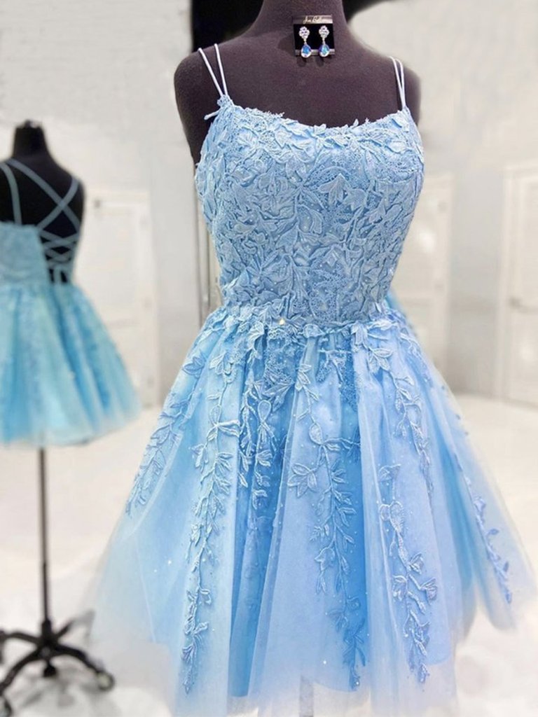 Backless Short Light Blue Lace Prom Dresses,Light Blue Lace Formal ...