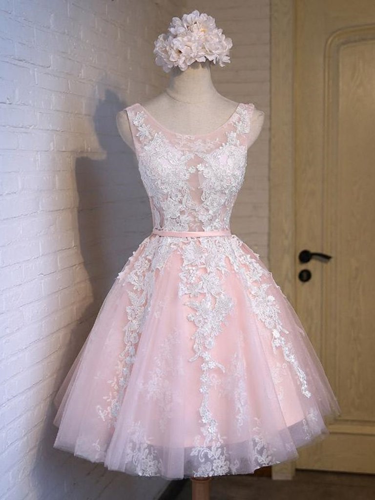 Round Neck Short Pink Lace Prom Dresses,pink Lace Formal Graduation Evening Dresses,pink Homecoming Dresses