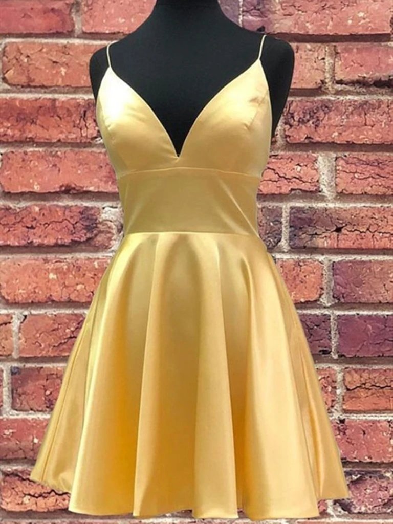 A Line V Neck Short Yellow Prom Dresses,short V Neck Yellow Formal Homecoming Dresses