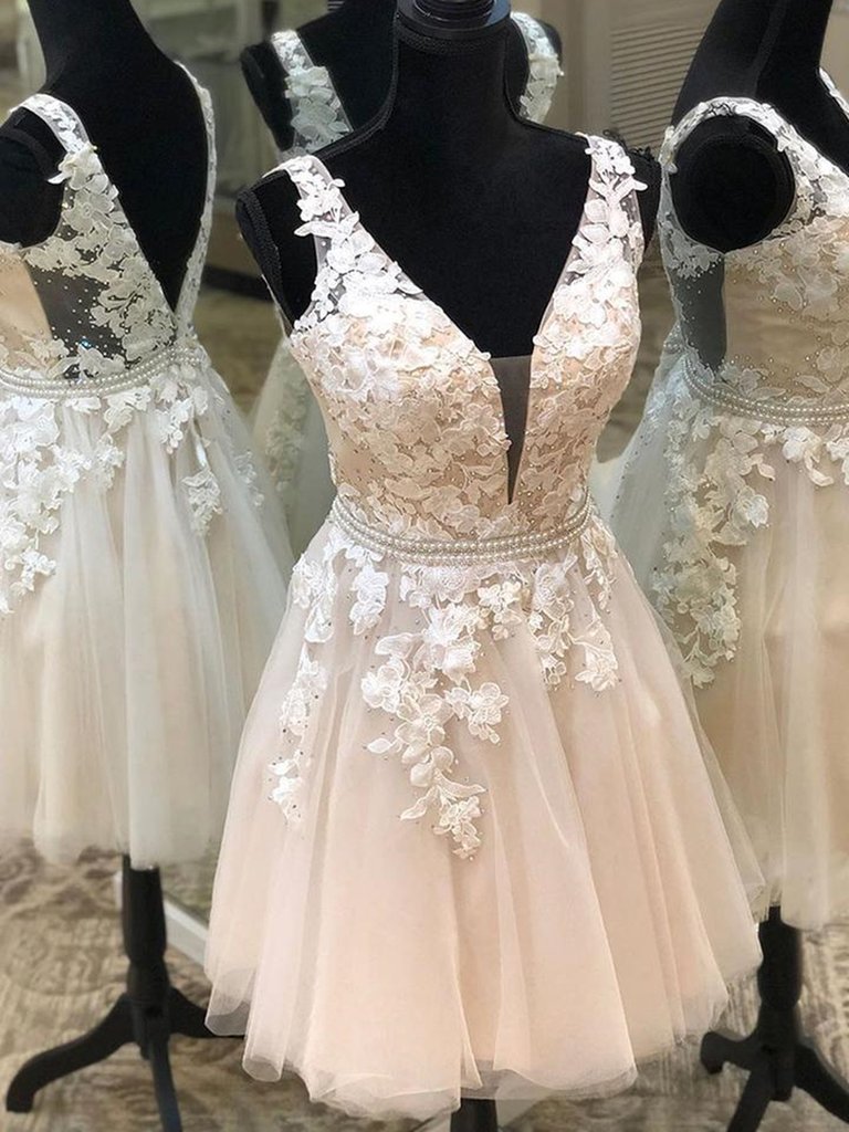 V Neck Light Champagne Lace Floral Short Prom Dresses,light Champagne Lace Formal Graduation Homecoming Dresses