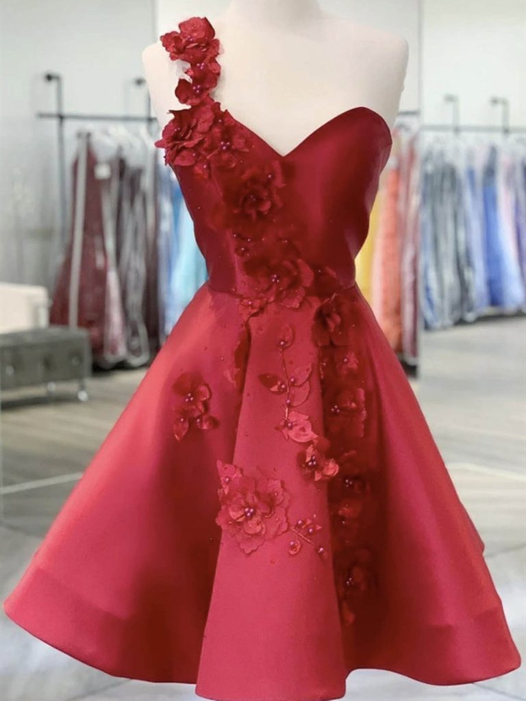 One Shoulder Open Back Burgundy Floral Prom Dresses,wine Red Floral Formal Evening Homecoming Dresses
