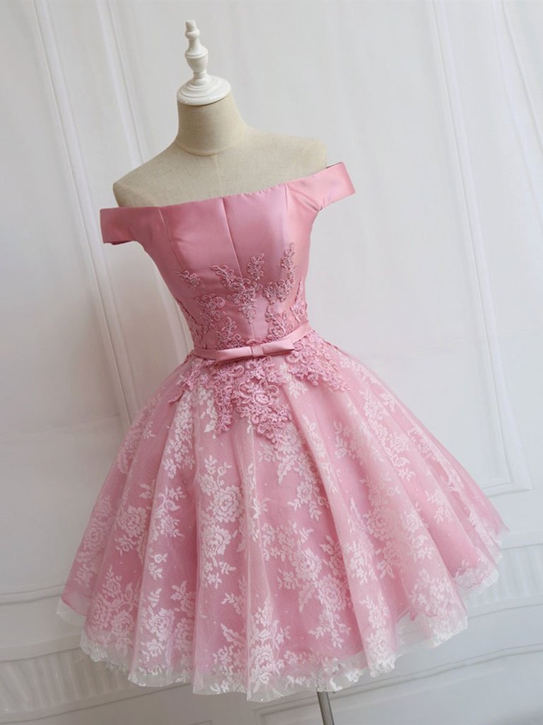 Off The Shoulder Short Pink Lace Prom Dresses,off Shoulder Pink Homecoming Dresses,short Pink Formal Evening Dresses