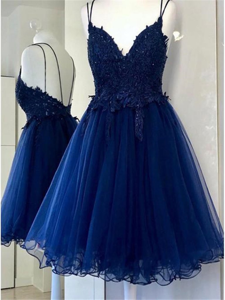V Neck Backless Navy Blue Lace Prom Dresses,Short Navy Blue Lace Homecoming Dresses,Navy Blue Formal Evening Dresses