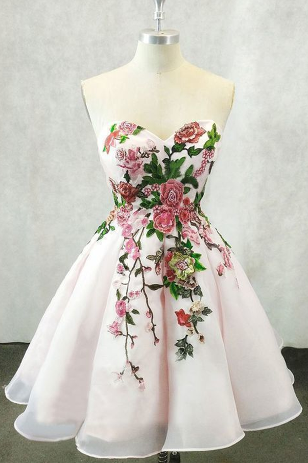 Light Pink A Line Strapless Organza Short Homecoming Dress With Flower Appliques