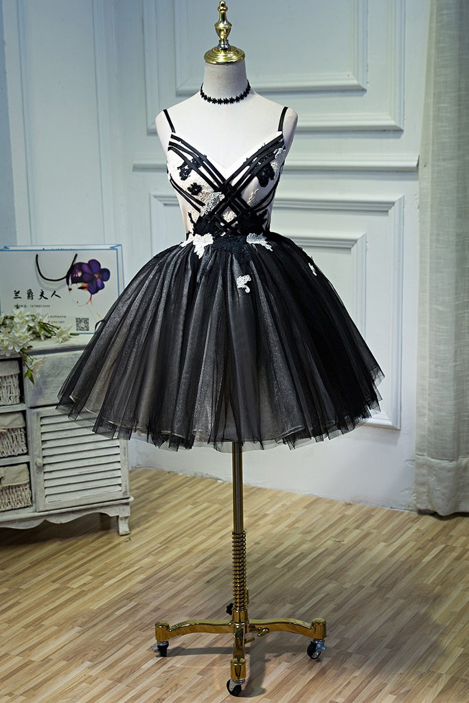 Sexy Spaghetti Strap Sleeveless A-line Tulle Black Short Homecoming Dresses For Party Online, HD1032 main image 0