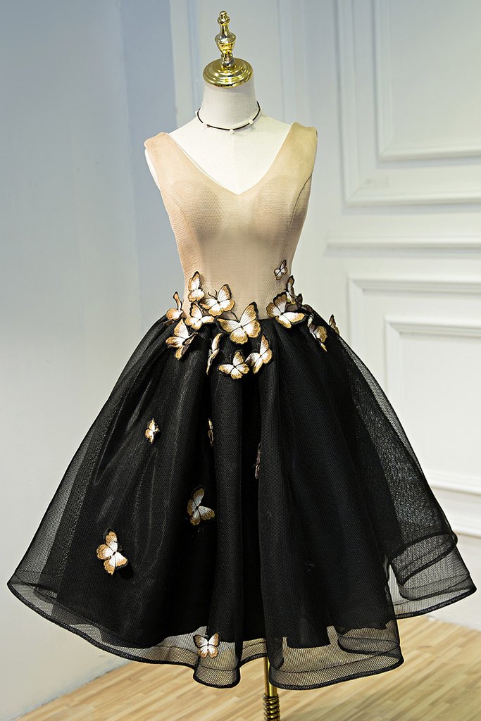 A Line Black V Neck Homecoming Dresses,sleeveless Prom Dress With Butterfly