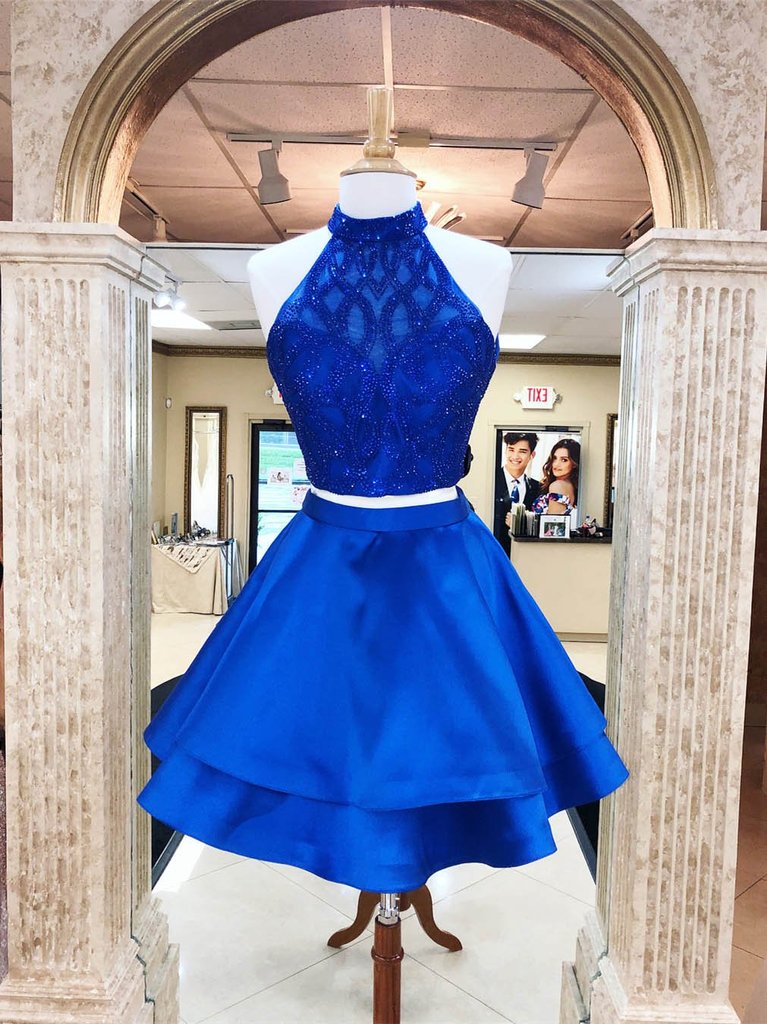 Royal Blue Pieces Beading Satin Cute Dresses Short Homecoming