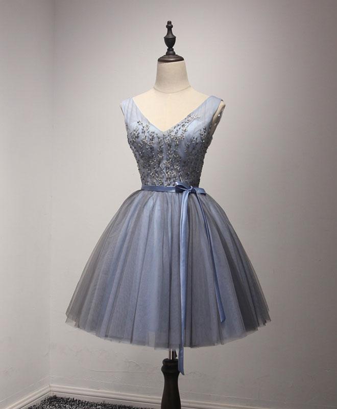 Gray Tulle Lace Short Prom Dress,homecoming Dress
