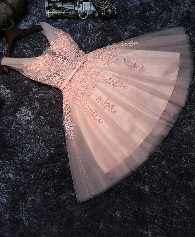 Pink V Neck Tulle Lace Short Prom Dress,homecoming Dresses