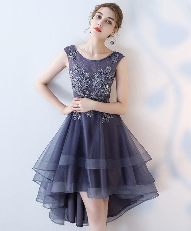 Purple Round Neck Lace Tulle High Low Prom Dress,homecoming Dress