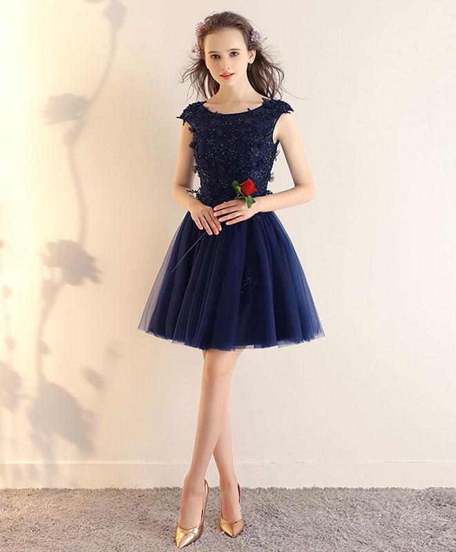 Dark Blue Lace Tulle Short Prom Dress,blue Short Bridesmaid Dress