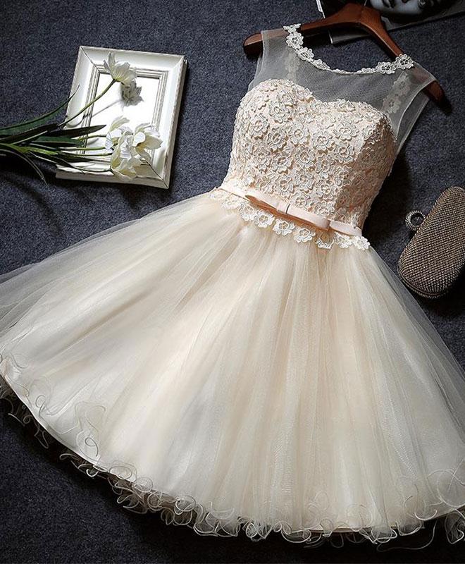 Cute Champagne A Line Lace Short Prom Dress,homecoming Dress