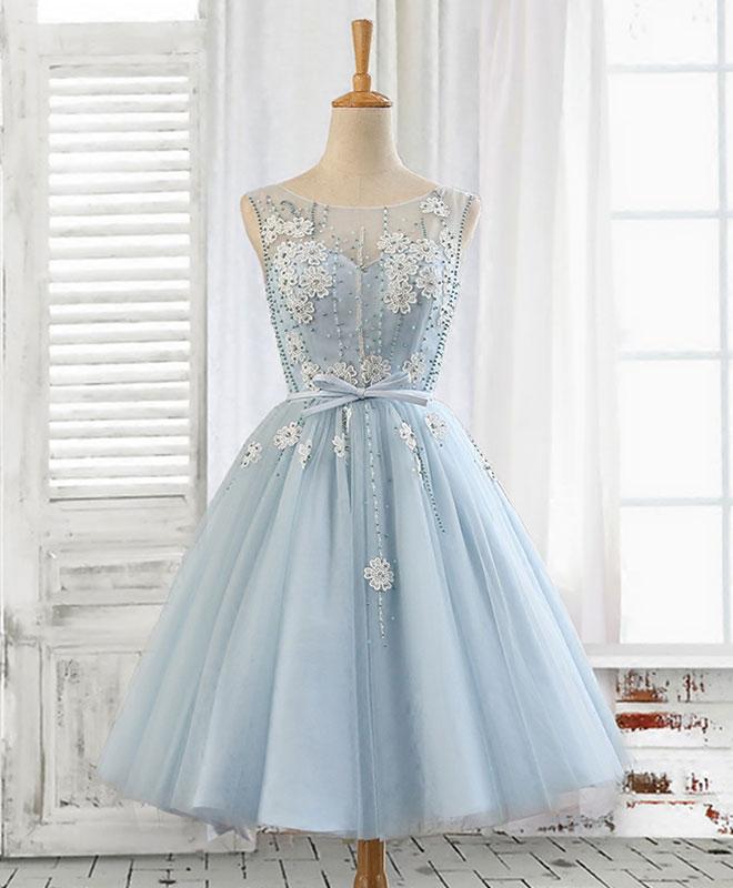 Cute A Line Light Blue Lace Tulle Short Prom Dress,homecoming Dress