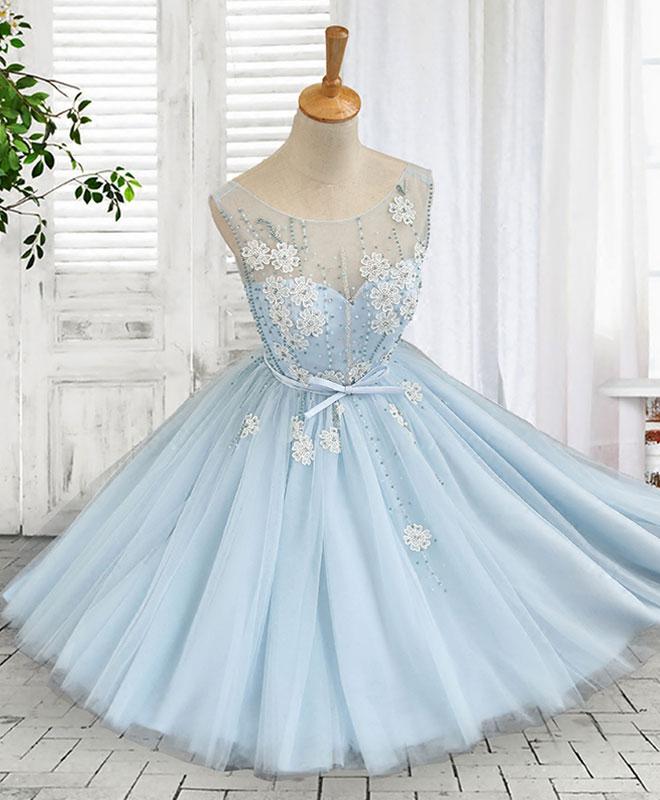 Cute A Line Blue Tulle Mini/Short Prom Dress, Blue Homecoming Dress
