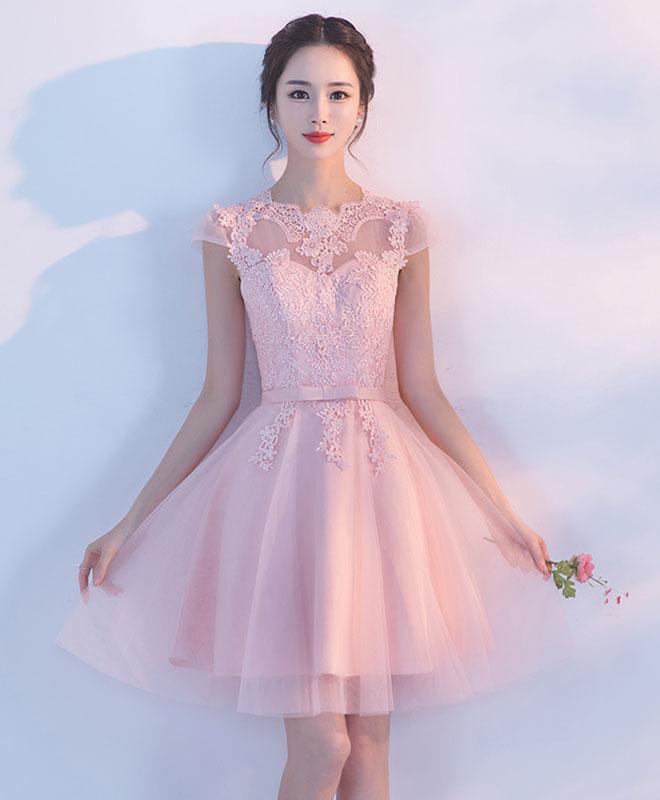 Pink A Line Tulle Lace Short Prom Dress,homecoming Dress