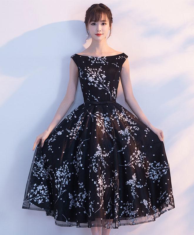 Simple Black Tulle Tea Length Prom Dress,black Evening Dress