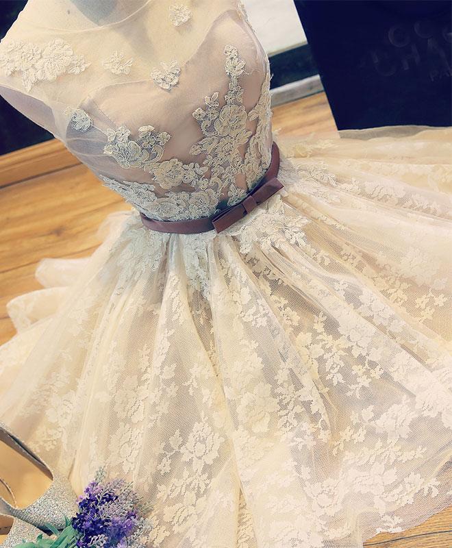 Cute Champagne Lace Short Prom Dress, Evening Dress