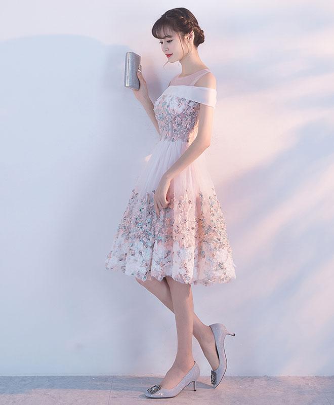 Pink V Neck 3D Applique Short Prom Dress, Long Sleeves Homecoming Dress UQ1840
