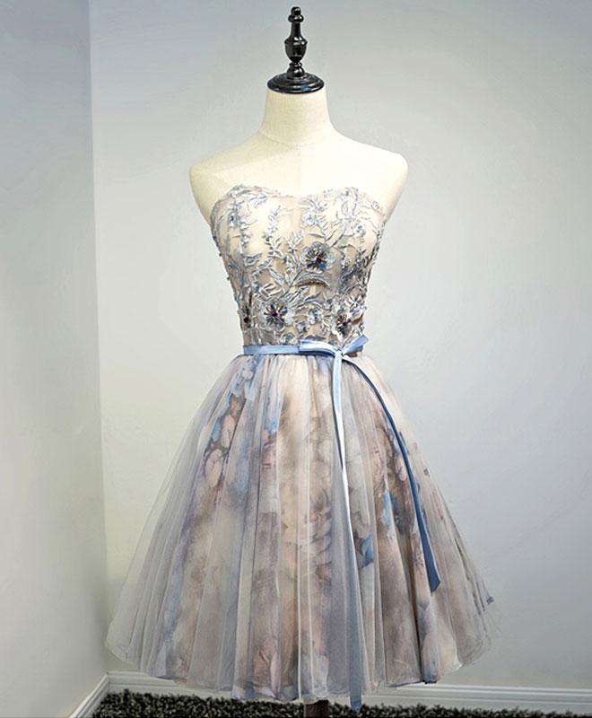 blue gray homecoming dress Straps Light Blue Sequin Appliques Short Homecoming Dress – FancyVestido main image 1