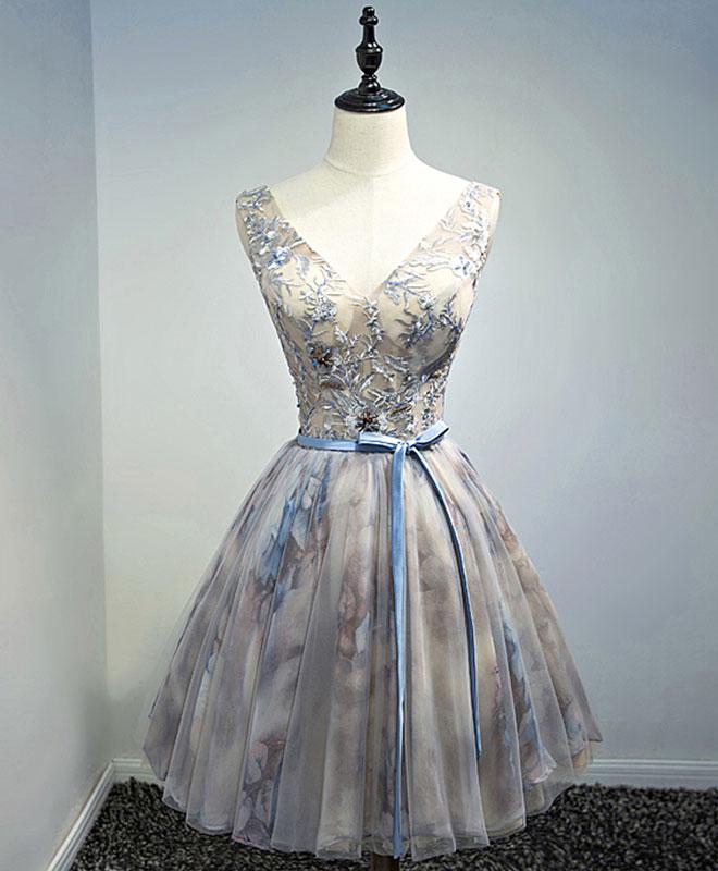 Gray V Neck Tulle Lace Short Prom Dress,homecoming Dress on Luulla