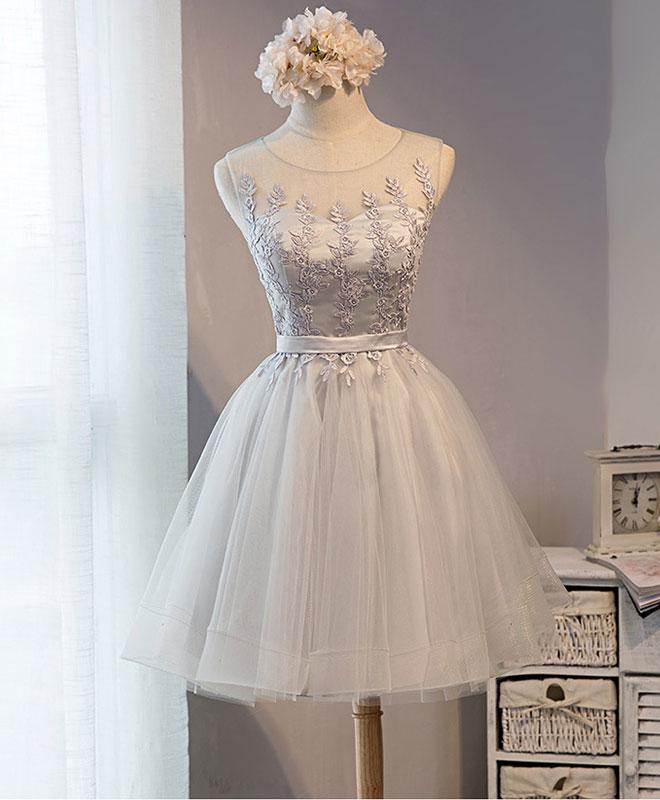 Cute Gray Lace Tulle Short Prom Dress,homecoming Dress