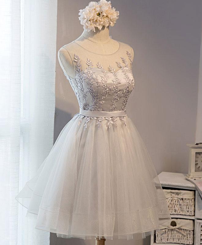Gray tulle lace high low prom dress, cute homecoming dress c2611