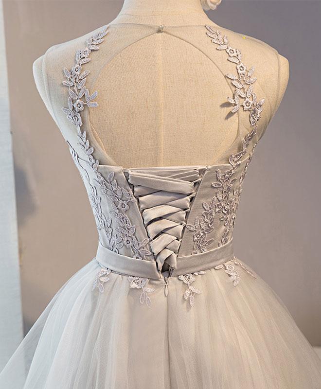 Cute chiffon lace short prom dress, gray applique homecoming dress