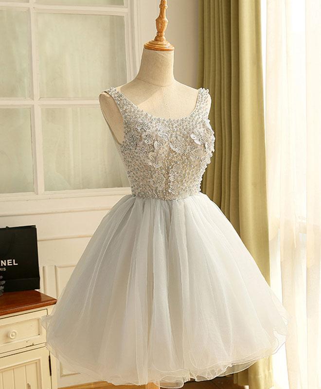 Cute A Line Gray Tulle Pearl Short Prom Dress,homecoming Dress