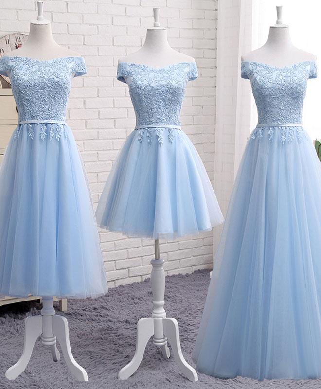 Sparkly Sky Blue Off The Shoulder A-Line Prom Dress with Slit