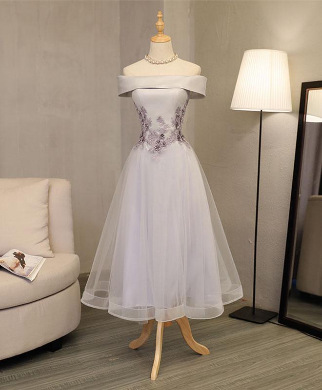 Gray A Line Off Shoulder Tea Length Prom Dress,Lace Evening Dress
