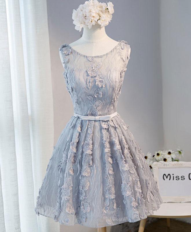 Gray Round Neck Lace Short Prom Dress,cute Homecoming Dress